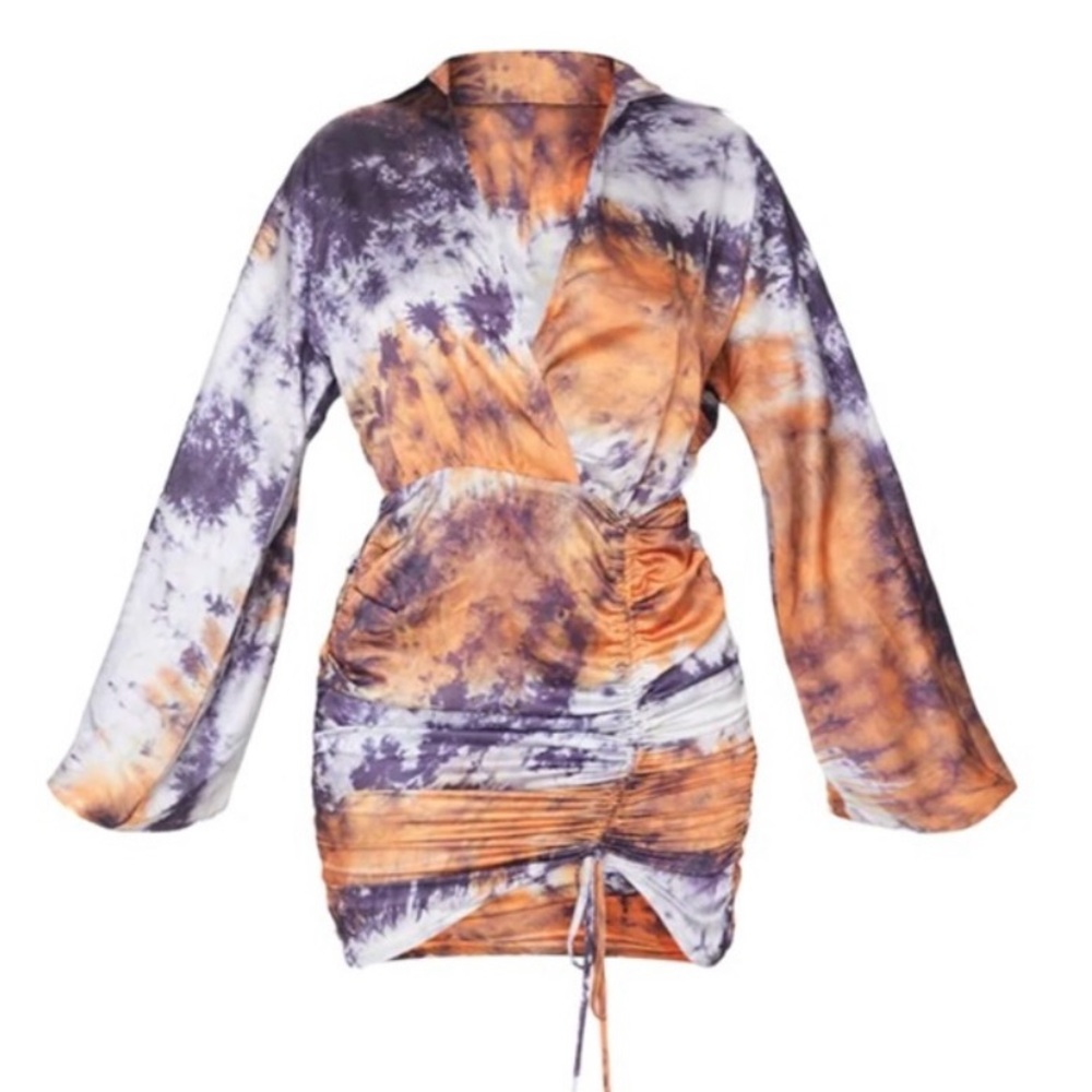 PrettyLittleThing Tie-Dye Wrap Dress in Orange and Purple